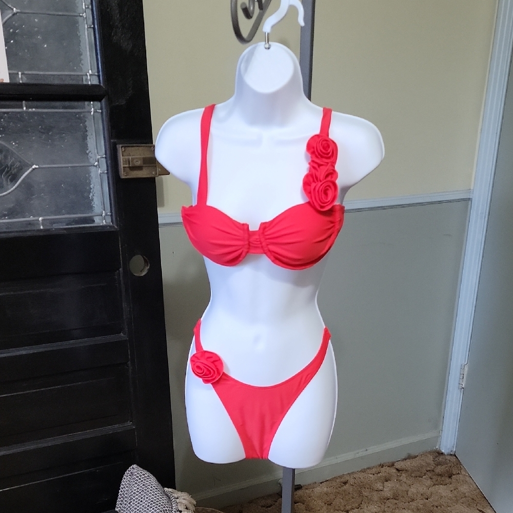 NEW Miss Sparkling Red Bikini With Rosettes On Top And Bottom Woman Size L
